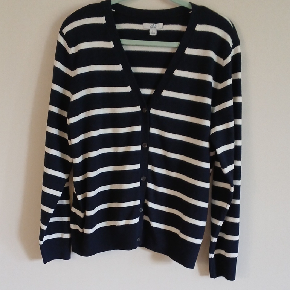 Croft & Barrow Women's Navy and White Striped Cardigan Large